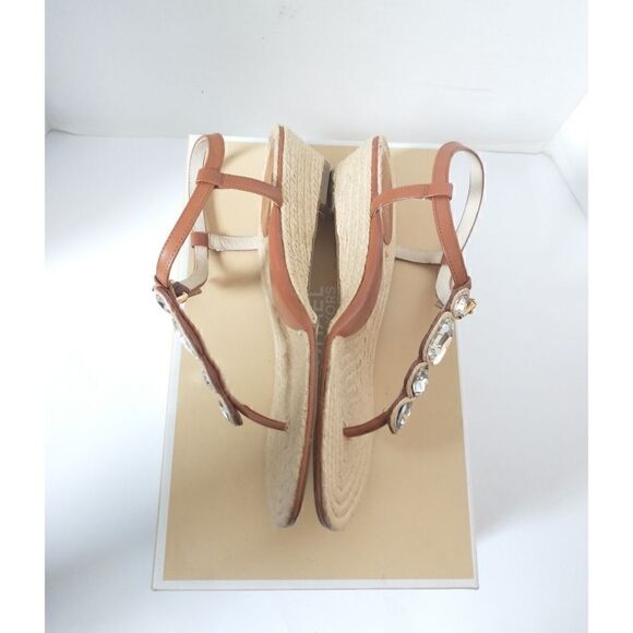 New! MICHAEL KORS Women's Rhinestone T-Strap Espadrille Sandals Size 8 Brown - Picture 12 of 14